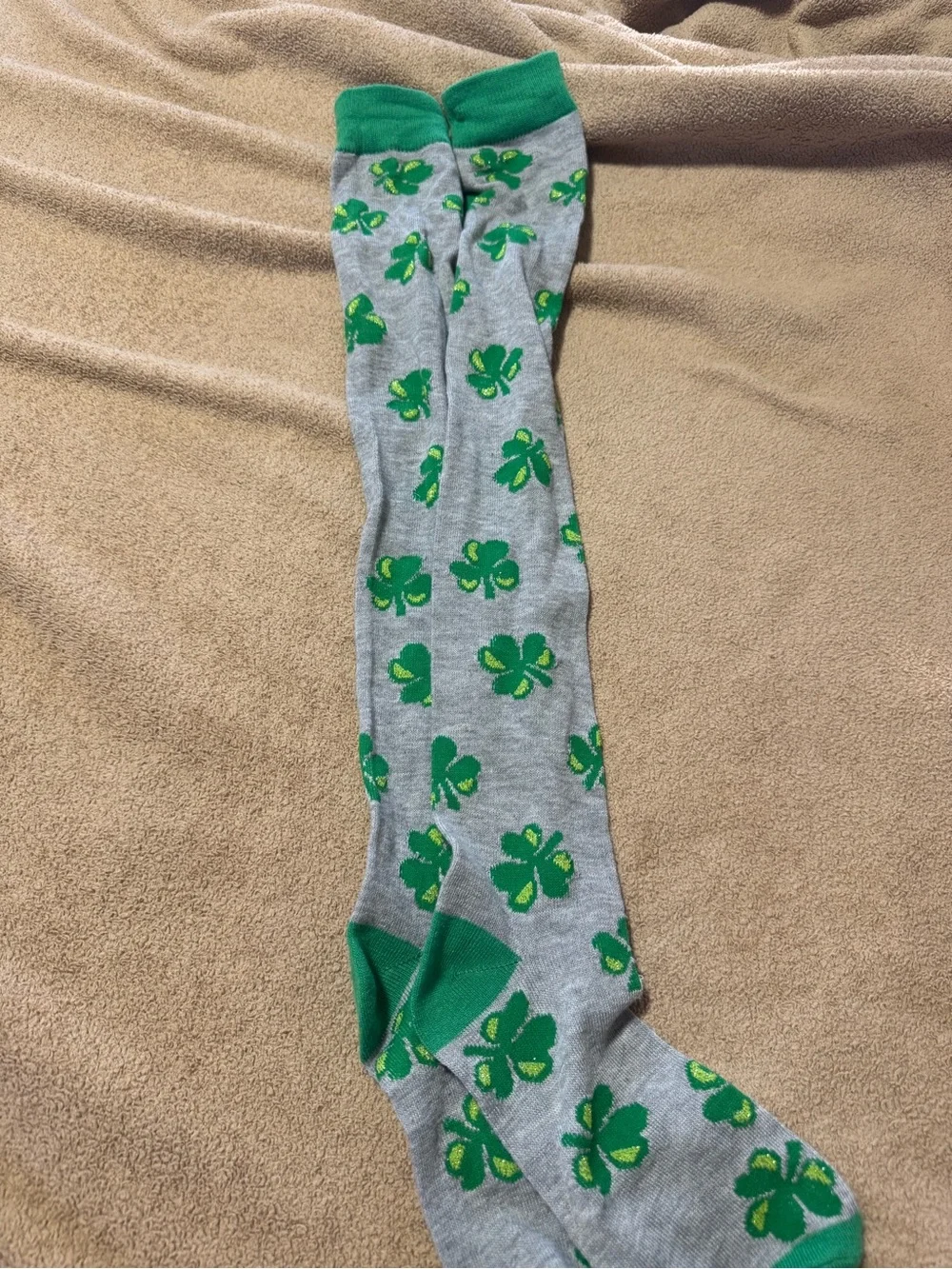 Gray Crew Socks with Green Shamrock Pattern